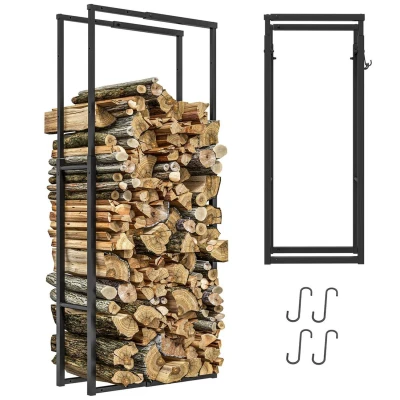 Image of Outsunny Firewood Log Rack, Retractable Metal Wood Store Holder, Indoor Outdoor Fireplace Storage Shelf with Hooks, 65 x 25 150 cm, Black