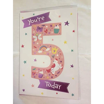 Image of Girls Female Age 5 5th Five Fifth You&#039;re Today Birthday Card White/Pink Multi Rainbow/Unicorn/Cupcakes/Hearts/Stars Foil(PRELUDE35054 2)