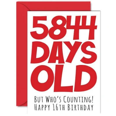 Image of 16th Birthday Card for Boys Girls Him Her 5844 Days Old Funny Teenager Sixteen Sixteenth Happy Brother Sister Son Daughter Cousin, A5 Humour Joke Greeting Cards