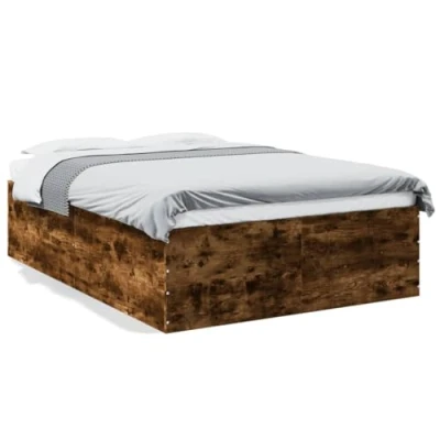 Image of vidaXL Home Bedstead Smoked Oak Engineered Wood Double Bed Frame with Plywood Slats 120x200 cm Modern Bedroom Furniture