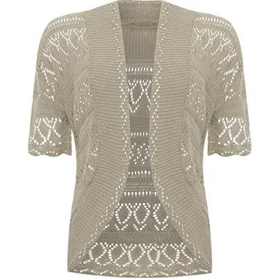 Image of WearAll Womens Plus Size Crochet Knitted Short Sleeve Ladies Open Cardigan Top Mocha 16 18