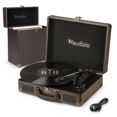 Image of Audizio RP114W Briefcase Record player with built in Speakers, 3 Speed vinyl Turntable &amp; Matching Case Portable RCA Line Out, AUX Input speaker
