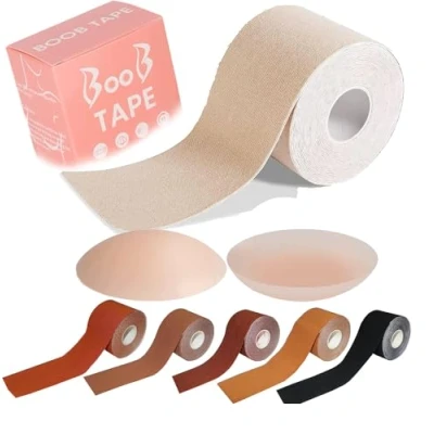 Image of SELLY Boob Tape, Bob Tape for Large Breasts, Self Adhesive Strapless Boobtapes with 2 Pcs Nipple Covers, 5M Stretchable Longer Than Regular Roll, Perfect to Stick on Bra (Beige)