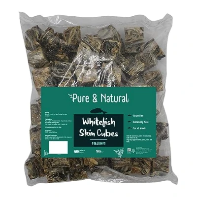 Image of Pure &amp; Natural Whitefish Medium Skin Cubes, 1kg Gluten Free, Low Fat Dog Chew, High Protein Fish Treats for Dogs, Hypoallergenic Chews Sensitive Stomachs