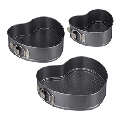 Image of Relaxdays Heart Cake Pan Set Of 3, Romantic Shaped Cakes 3 Sizes, Nonstick, Springform, Carbon Steel, Anthracite