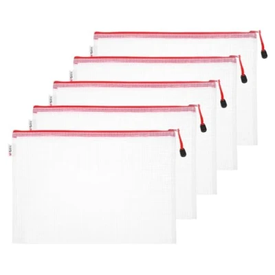 Image of M&amp;G Mesh Zipper Pouch Bag 13.4&quot;x9.6&quot;, 5pcs Waterproof File A4 Letter Size Document Organizing Storage for Office Supply Puzzle Cosmetic Travel, Red
