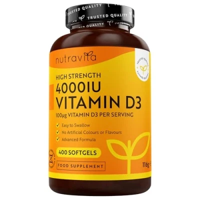 Image of Vitamin D3 4000 iu 400 High Strength Easy to Swallow Premium Softgels Over A Year&#039;s Supply Max Cholecalciferol Supplement Manufactured in The UK by Nutravita
