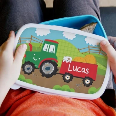 Image of Personalised Tractor Name Only Blue Lidded Lunch Box Kids, School, Nursery, Back to Packed