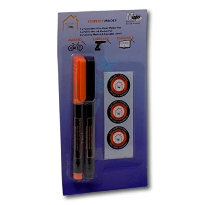 Image of Minder Property Marking Pens Including 1 x Invisible UV Ink Covert Marker Pen, Permanent Overt Pen and Warning Stickers (Without Keyring)