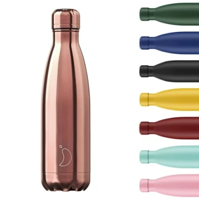 Image of Chilly&#039;s Water Bottle Stainless Steel and Reusable Leak Proof, Sweat Free Chrome Rose Gold 500ml
