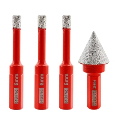 Image of DT DIATOOL Triangle Shank Diamond Drill Bits 6mm 3pcs with 20mm 1pc Chamfer Bit Vacuum Brazed Hole Saw for Porcelain Tile Ceramic Marble Granite Masonry Quartz
