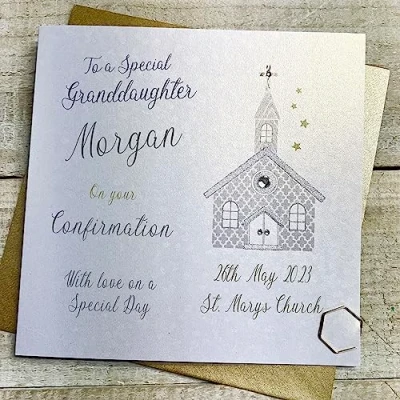 Image of WHITE COTTON CARDS GRANDDAUGHTER PERSONALISED CONFIRMATION CARD, SILVER CHURCH DESIGN, HAND FINISHED (X) P23 47 S GD