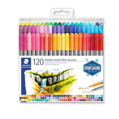 Image of STAEDTLER 3200 TB120 Design Journey Double Ended Fibre Tip Pens with Thin &amp; Wide Nibs Assorted Colours (Pack of 120)
