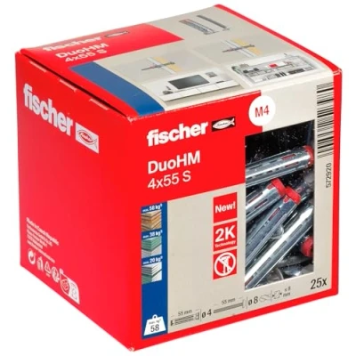 Image of fischer DuoHM 4 x 55 S PZ Cavity Dowels with Metric Panhead Screw and Drive for Attaching TV Brackets, Lights, Wall Shelves, etc. in Panel Building Materials, Pack of 25