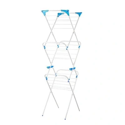Image of Minky Slimline 3 Tier Clothes Airer Space Saving Compact Indoor Ideal For In The Bath and Shower 10m Drying Easy To Store White, Blue