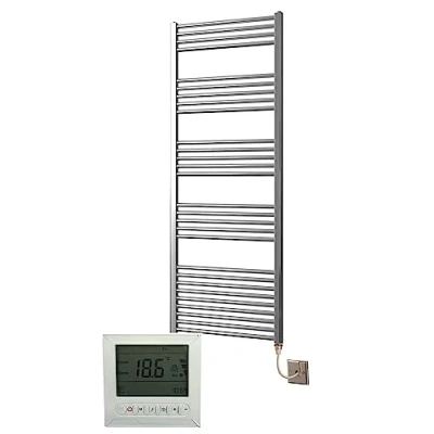 Image of Greened House Electric Chrome 600W x 1600H Straight Towel Rail + Timer and Room Thermostat New Bathroom Rails