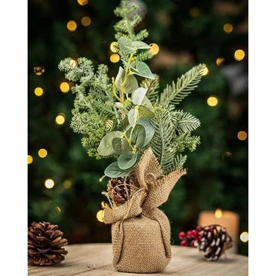 Image of Marco Paul 42cm Artificial Mini Small Christmas Tree Potted In Jute Bag Tabletop Desk Table Centrepiece Home Decoration Ornament Indoor Outdoor Pinecone Space Saving Unique Xmas Gift