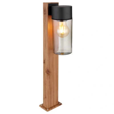 Image of Etsi Outdoor Pedestal Light Wood Look Dark IP44 Smoke Glass Shade 1x E27