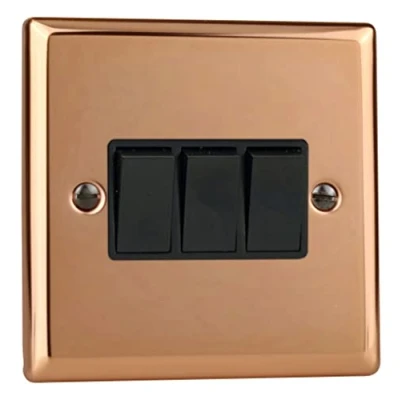 Image of Varilight 3 Gang 10A 1 or 2 Way Rocker Switch Polished Copper