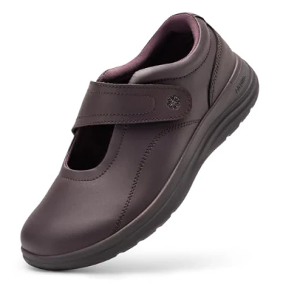 Image of FitVille Womens Wide Fit Leather Shoes, Comfortable Ladies Slip on Loafers with Adjustable Straps for Swollen Feet, Plum Mahogany, 6.5 UK X