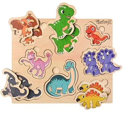 Image of Pikatoyz Dinosaur Puzzle for 1 2 3 year old Kids. Ideal Jigsaw Wooden Gift. Montessori toys Boys and Girls. Travel Toddlers. Educational Babies Children.…