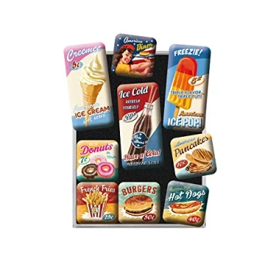 Image of Nostalgic Art Retro Style Fridge Magnets American Diner Gift idea for USA Fans, Set Notice Board, Vintage Design, 9 Pieces