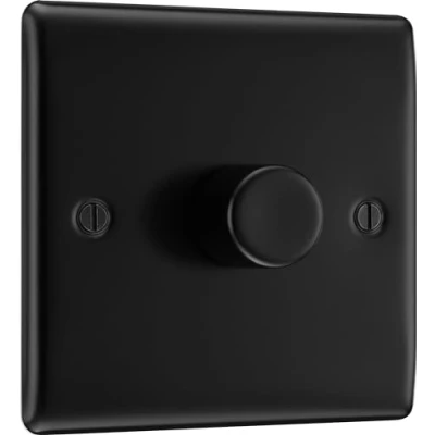 Image of BG Electrical Intelligent Single Wall Dimmer Switch, 2 Way, Raised Profile, Round Edges, Nexus Metal, Matt Black, 200W, NFB81