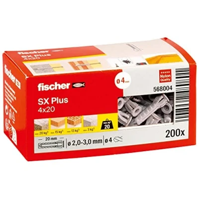 Image of fischer 568004 SX Plus Expansion Wall Plug, 4mm x 20mm, Pack of 200