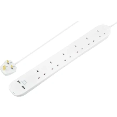 Image of Masterplug 6 Gang Extension Lead with 2 x USB Charging Sockets, 1 Metre, White