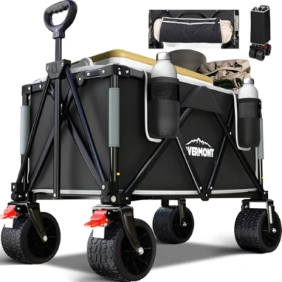 Image of Overmont Festival Camping Folding Trolley All terrain Extra Wide Wheels with 330lbs Capacity Heavy Duty Beach Wagon Cart for Garden, Shopping Adjustable Handle &amp; Drink Holders Black