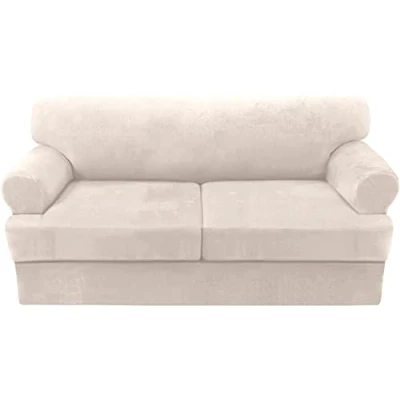 Image of LINGKY Velvet Sofa Covers with Separate T Cushion Ultra Soft Plush Slipcover No Pilling Washable Furniture Protector Elastic Bottom (Ivory,2 Loveseat)