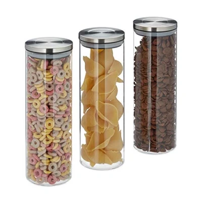 Image of Relaxdays Storage Jars Set of 3, 1.8 L, Airtight, Stainless Steel Lids, Food Containers, Pasta, Rice, Transparent