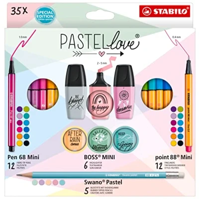 Image of STABILO Pen Set Pastellove point 88 Mini, 68 BOSS MINI &amp; Swano Pastel Pack of 35 Assorted Colours