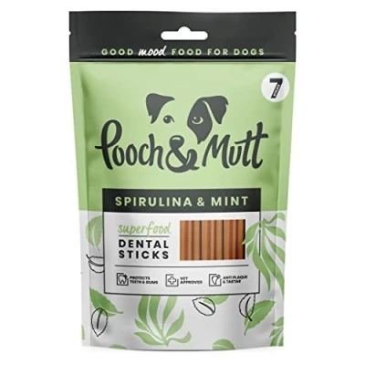 Image of Pooch &amp; Mutt Superfood Dog Dental Sticks, Spirulina and Mint Flavour Chew, 1 pack of 7 sticks