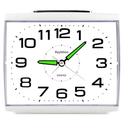 Image of Ayybboo Alarm Clocks Bedside Battery Powered Analogue, Analogue Clock No Ticking Silent with Nightlight Snooze, Large Size (White)