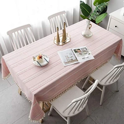 Image of Pahajim Tablecloth Rectangular Table Cloth Cotton Linen Tassel Wipe Clean Washable Wrinkle Freefor Kitchen, Dinning,Party Tabletop Decoration(Pink Stripe, 55 x 79 inch)