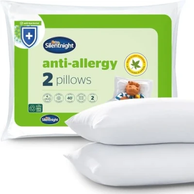 Image of Silentnight Anti Allergy Pillows 2 Pack Soft Medium Support Bacterial, Bed Hotel for Back, Stomach and Side Sleepers, White