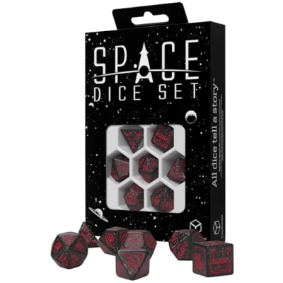 Image of Q Workshop Space Dice Set Voyager RPG Shimmering Black with Red Engravings Ideal for Tabletop Games &amp; RPGs 7 Polyhedral (D4, D6, D8, 2D10, D12, D20)