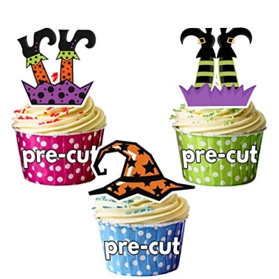 Image of AK Giftshop PRE CUT Halloween Witches Legs &amp; Hats Party Pack Edible Cupcake Toppers/Cake Decorations (Pack of 36)