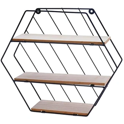 Image of Carousel Home Modern Black Metal Wire Hexagon Wall Shelf Mounted Multi Storage Organiser Unit Display 3 Tier Shelving Shelves For