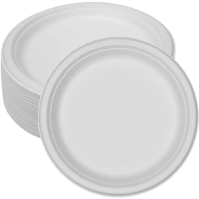 Image of Disposable Sugarcane Bagasse Plates, 9 inch (22.86 cm) Large Round, Paper Eco Friendly, Biodegradable, Compostable (50)