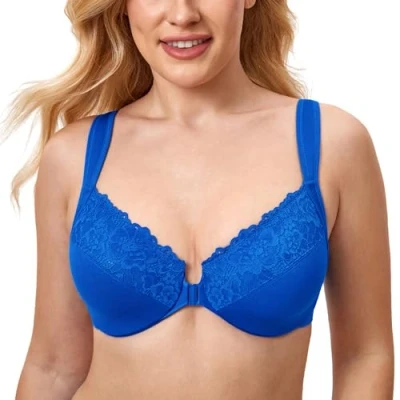 Image of Delimira Women&#039;s Front Fastening Bras Unlined Lace Plus Size Support Underwire Sparkle Blue 42DD