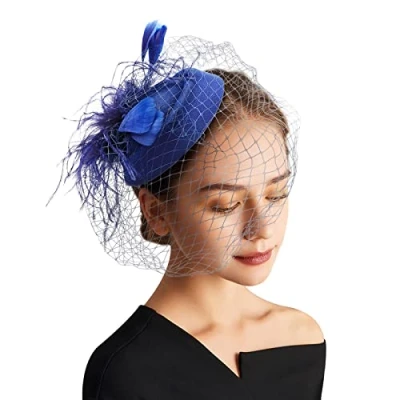 Image of DRESHOW Fascinator Hats for Women Pillbox Hat with Veil Headband and a Forked Clip Tea Party Headwear