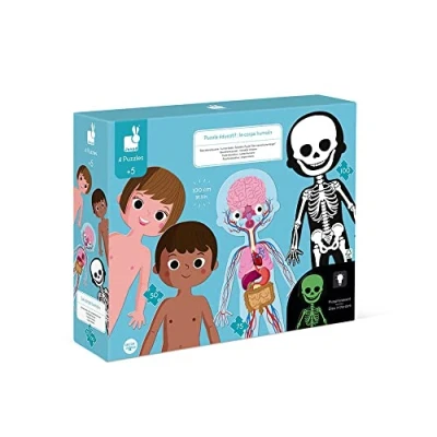 Image of Janod Set Of 4 Giant Puzzles to Discover The Human Body 50, 75 and 100 Pieces Educational Cards 12 Languages ​​ from 5 Years Old, J02681, Weiß