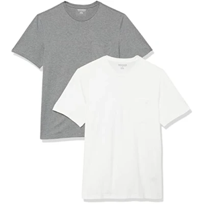 Image of Amazon Essentials Men&#039;s T Shirt Slim Fit Short Sleeved Crewneck Pocket, Pack of 2, Grey Heather/White, M