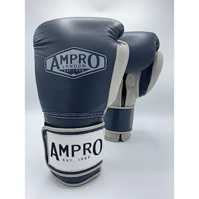 Image of Ampro Hybrid Powertech Hook and Loop Sparring Glove Sparring/Bag/Spar/Boxing/Training (Navy/Grey, 16oz)