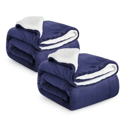 Image of IR Imperial Rooms Sherpa Fleece Blanket 2 Pack Bed Throws Blankets For Sofas Soft Fluffy Thick Reversible Microfiber Throw (Navy, Double (150 x 200 Cm))