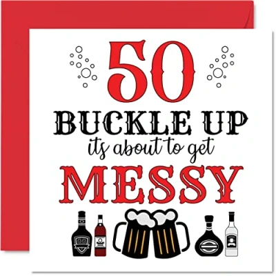 Image of Fun 50th Birthday Cards for Men Woman Buckle Up Happy Card Dad Mum Grandad Nanny Grandma Uncle Auntie Cousin Friend, 145mm x Greeting Cards, Joke