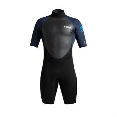 Image of 2023 C Skins Mens Element 2 3/2mm Back Zip Shorty Wetsuit Black Slate Cyan Breathable Xtend neoprene upper body 3XL