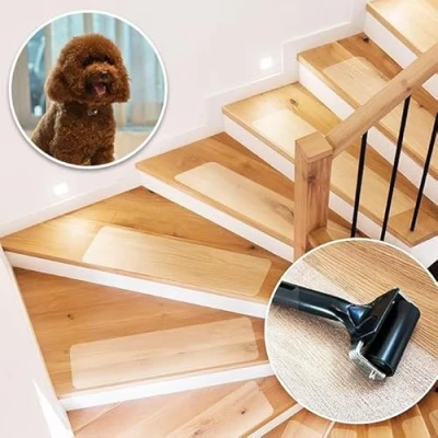 Image of KARAT Transparent Stair Mats for Stairs Pack of 15 60 x 10 cm, Non Slip Strips Self Adhesive Including Mounting Roller Treads Wooden Stairs, (Henri)